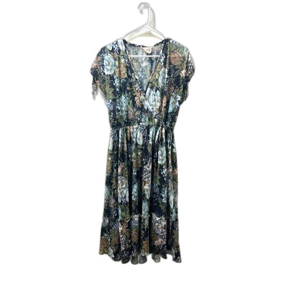 Vintage Phase II Dress Women's Size Small Gray Blue Floral Micro Pleat 70s Retro - Picture 1 of 5
